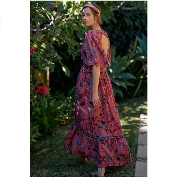 Anthropologie Ruffled Embroidered Maxi Dress Size XS - Picture 4 of 8